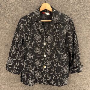 LisBeth Blazer Women S Small Black Floral Embroidered Linen Button Up Collared